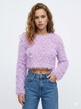*Zara Lilac Faux Fur Crop Sweater Crewneck Plush Fuzzy Top Cozy Knit S